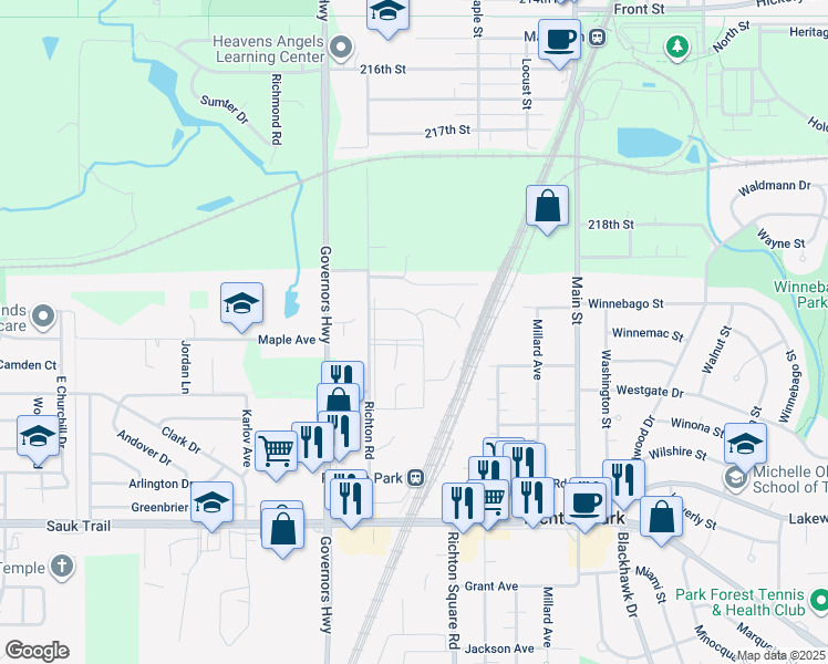 map of restaurants, bars, coffee shops, grocery stores, and more near 1043 Lioncrest Drive in Richton Park