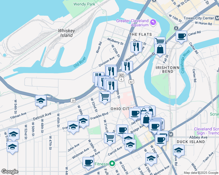 map of restaurants, bars, coffee shops, grocery stores, and more near 2861 Detroit Avenue in Cleveland