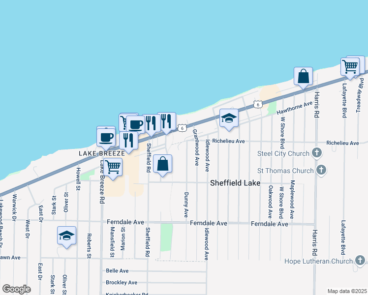 map of restaurants, bars, coffee shops, grocery stores, and more near 613 Dunny Avenue in Sheffield Lake