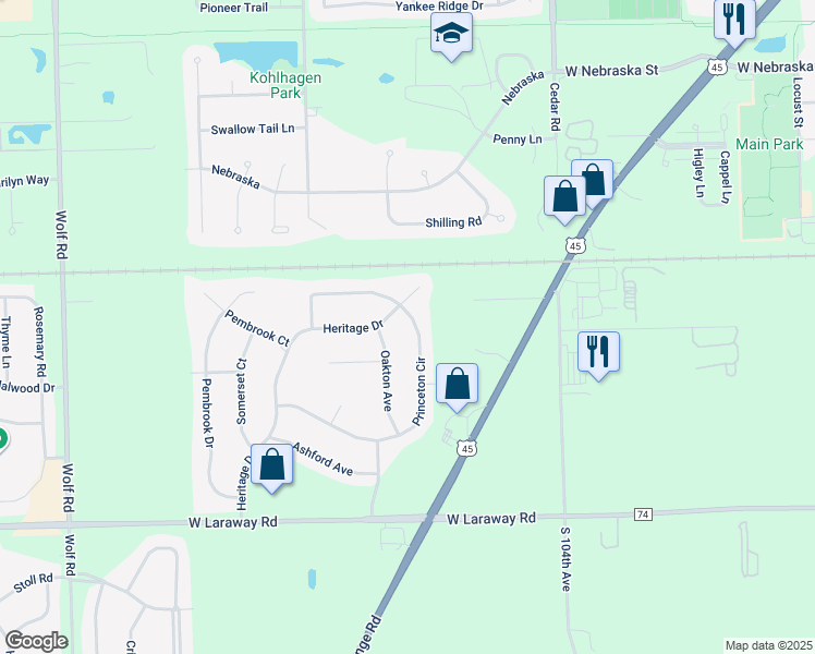 map of restaurants, bars, coffee shops, grocery stores, and more near 21978 Princeton Circle in Frankfort