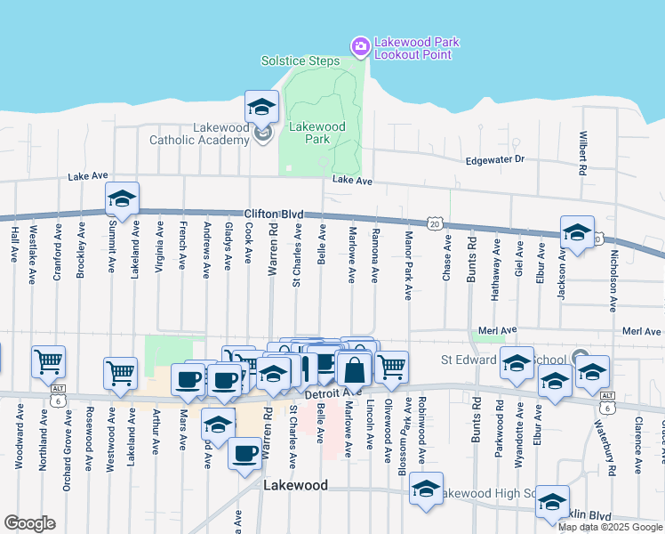 map of restaurants, bars, coffee shops, grocery stores, and more near 1233 Belle Avenue in Lakewood