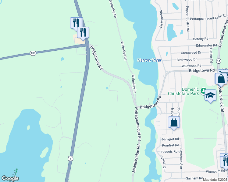 map of restaurants, bars, coffee shops, grocery stores, and more near 390 Bridgetown Road in South Kingstown