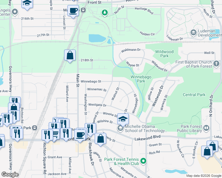 map of restaurants, bars, coffee shops, grocery stores, and more near 431 Wildwood Drive in Park Forest