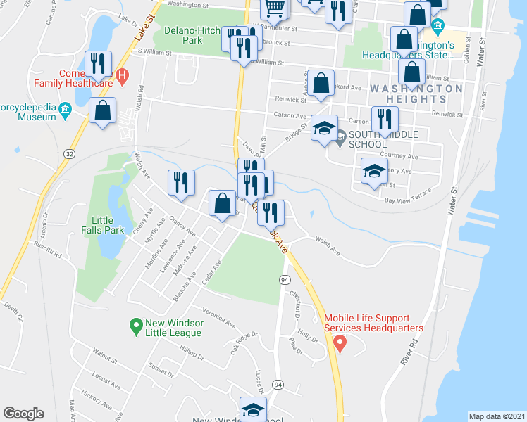 map of restaurants, bars, coffee shops, grocery stores, and more near 19 Route 9W in New Windsor