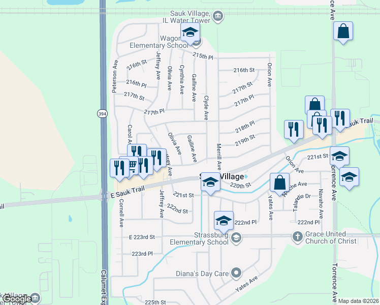 map of restaurants, bars, coffee shops, grocery stores, and more near 21906 Gailine Avenue in Sauk Village