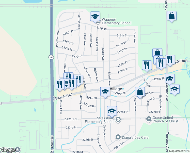 map of restaurants, bars, coffee shops, grocery stores, and more near 21912 Gailine Avenue in Sauk Village