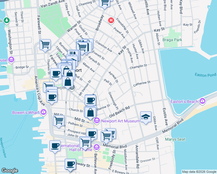 map of restaurants, bars, coffee shops, grocery stores, and more near 16 Greenough Place in Newport