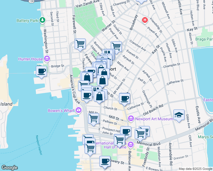 map of restaurants, bars, coffee shops, grocery stores, and more near 3 Russo Court in Newport