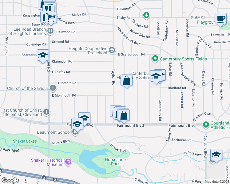 map of restaurants, bars, coffee shops, grocery stores, and more near 2556 South Taylor Road in Cleveland Heights