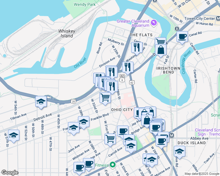 map of restaurants, bars, coffee shops, grocery stores, and more near 1430 West 28th Street in Cleveland