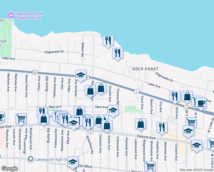 map of restaurants, bars, coffee shops, grocery stores, and more near 12925 Clifton Boulevard in Lakewood