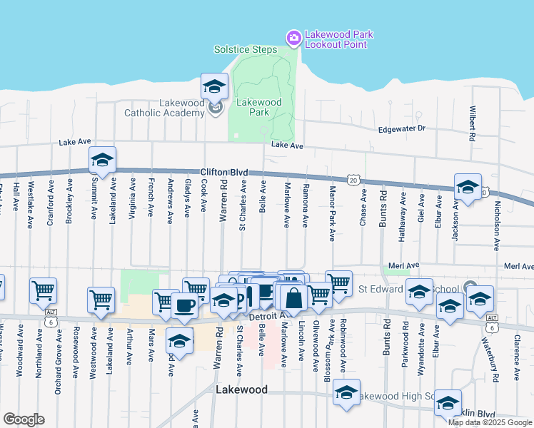 map of restaurants, bars, coffee shops, grocery stores, and more near 1233 Belle Avenue in Lakewood
