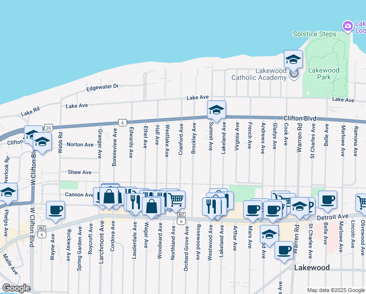 map of restaurants, bars, coffee shops, grocery stores, and more near 1230 Cranford Avenue in Lakewood