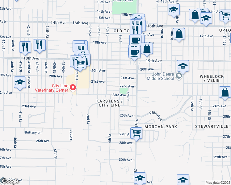 map of restaurants, bars, coffee shops, grocery stores, and more near 433 23rd Avenue in Moline