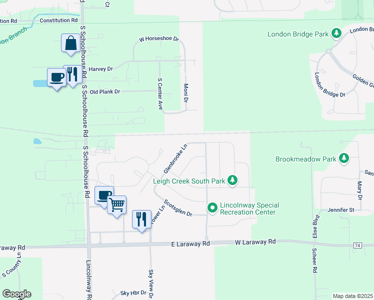 map of restaurants, bars, coffee shops, grocery stores, and more near 1728 Glenbrooke Lane in New Lenox