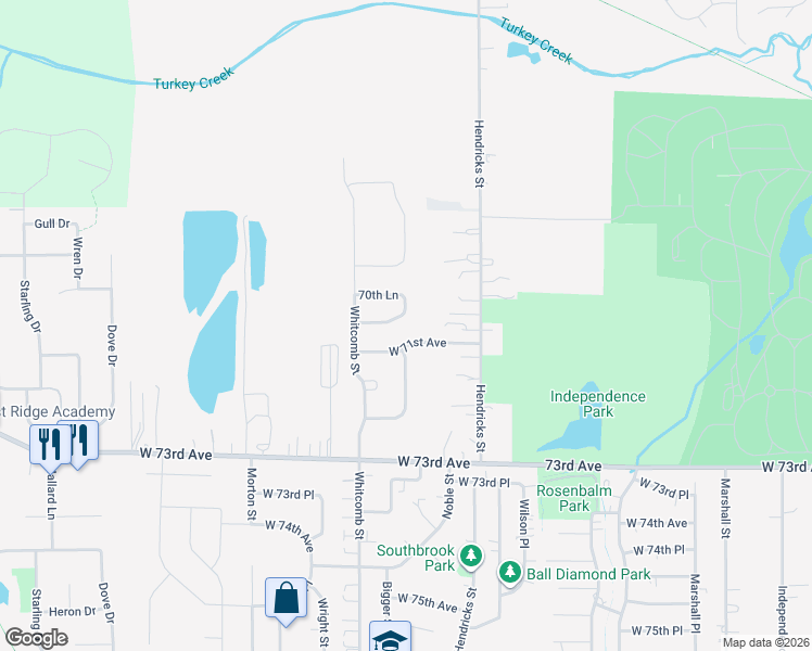 map of restaurants, bars, coffee shops, grocery stores, and more near 7071 Wallace St in Merrillville