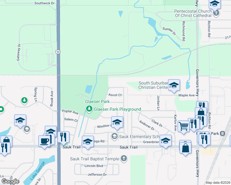 map of restaurants, bars, coffee shops, grocery stores, and more near 4442 Ascot Court in Richton Park