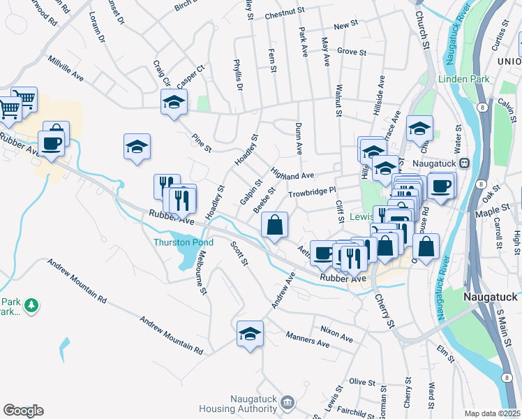map of restaurants, bars, coffee shops, grocery stores, and more near 35 Beebe Street in Naugatuck