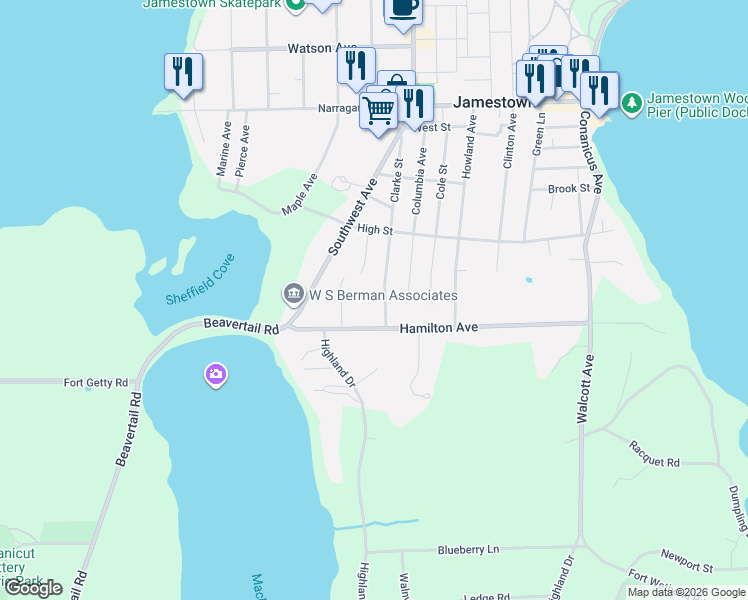 map of restaurants, bars, coffee shops, grocery stores, and more near 92 Clarke Street in Jamestown