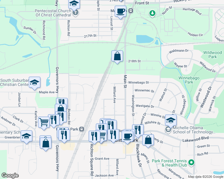 map of restaurants, bars, coffee shops, grocery stores, and more near 21944 Millard Avenue in Richton Park