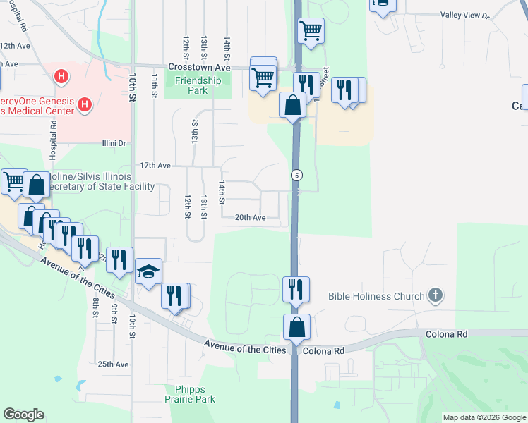 map of restaurants, bars, coffee shops, grocery stores, and more near 1913 15th Street in Silvis