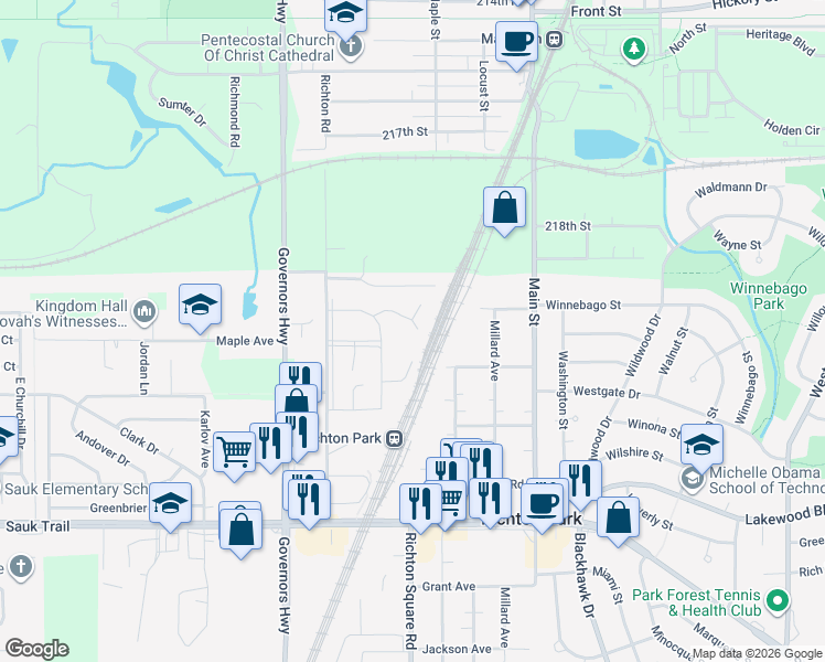 map of restaurants, bars, coffee shops, grocery stores, and more near 4056 Appleby Court in Richton Park