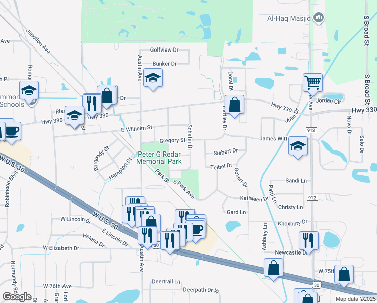 map of restaurants, bars, coffee shops, grocery stores, and more near 334 Grant Street in Schererville
