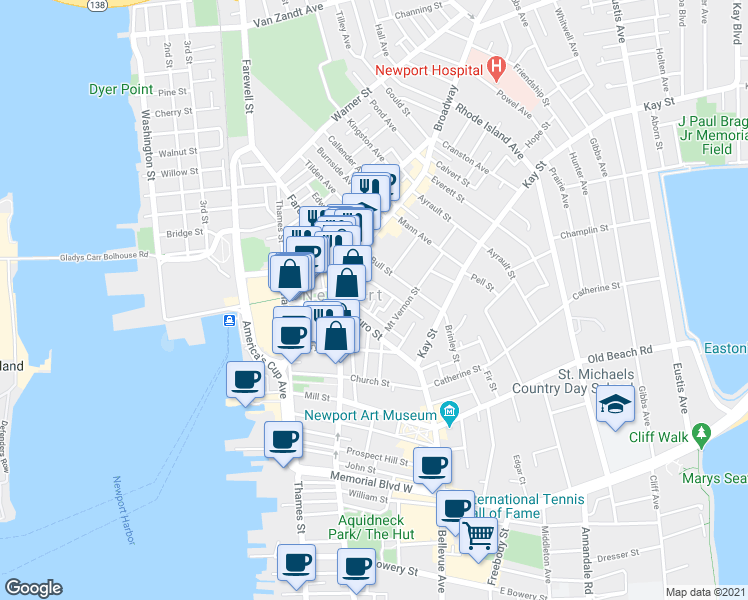 map of restaurants, bars, coffee shops, grocery stores, and more near 3 Russo Court in Newport