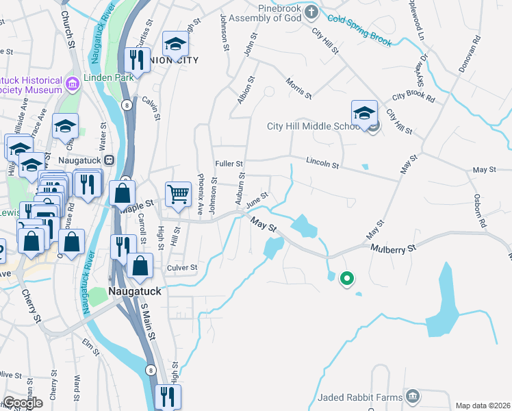 map of restaurants, bars, coffee shops, grocery stores, and more near 19 June Street in Naugatuck