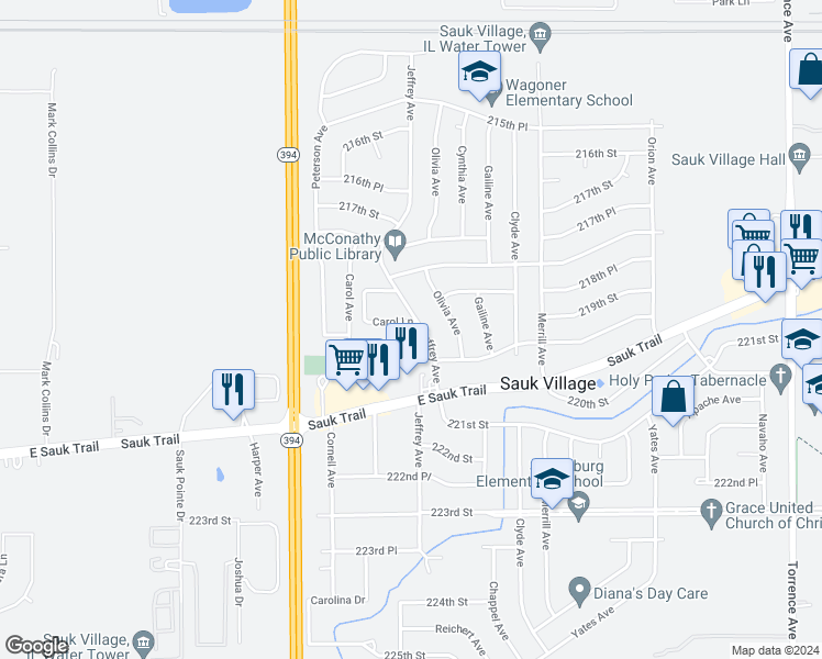 map of restaurants, bars, coffee shops, grocery stores, and more near 21912 Jeffrey Avenue in Sauk Village