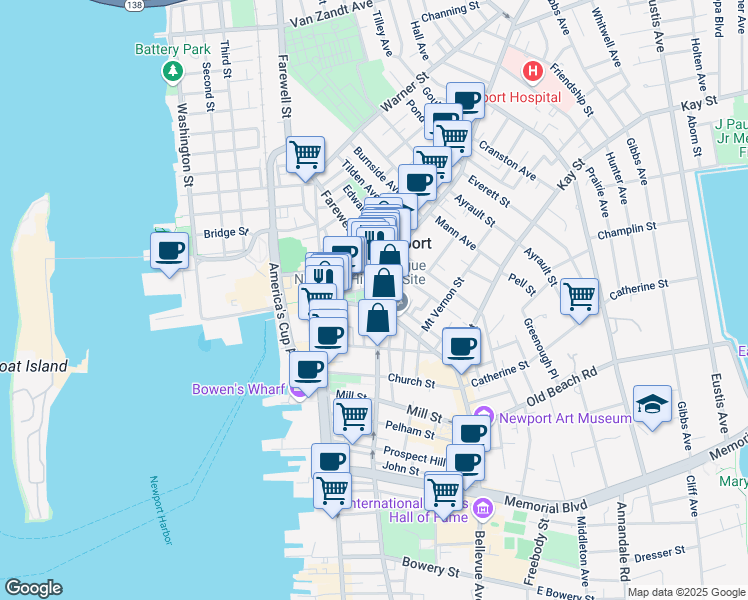 map of restaurants, bars, coffee shops, grocery stores, and more near 45 Washington Square in Newport