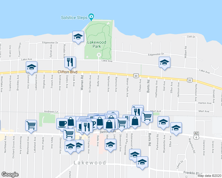 map of restaurants, bars, coffee shops, grocery stores, and more near 1235 Marlowe Avenue in Lakewood