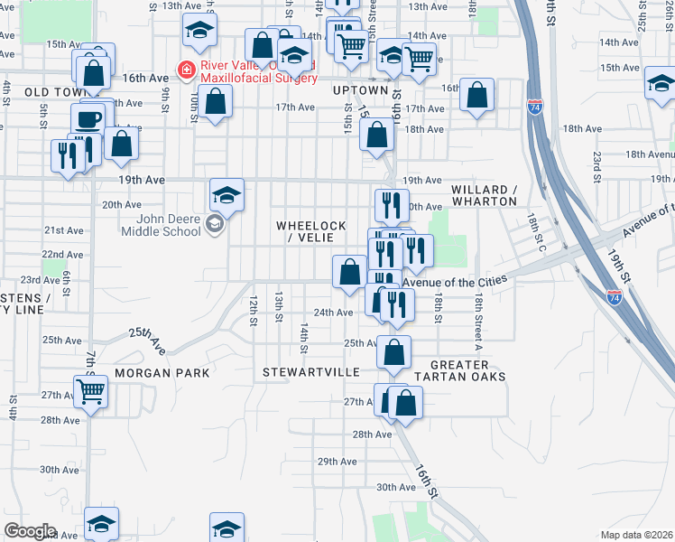 map of restaurants, bars, coffee shops, grocery stores, and more near 2125 15th Street in Moline