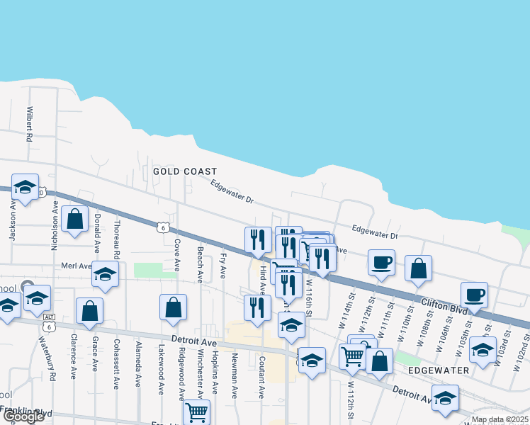 map of restaurants, bars, coffee shops, grocery stores, and more near 11741 Edgewater Drive in Lakewood