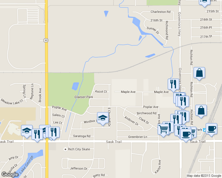 map of restaurants, bars, coffee shops, grocery stores, and more near 21949 East Churchill Drive in Richton Park