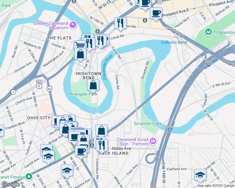 map of restaurants, bars, coffee shops, grocery stores, and more near 2000 Carter Road in Cleveland