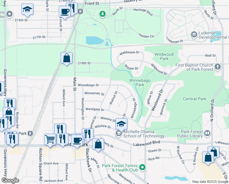 map of restaurants, bars, coffee shops, grocery stores, and more near 102 Walnut Street in Park Forest