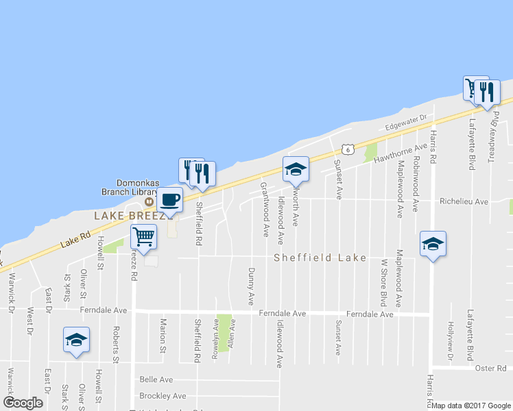 map of restaurants, bars, coffee shops, grocery stores, and more near 613 Dunny Avenue in Sheffield Lake