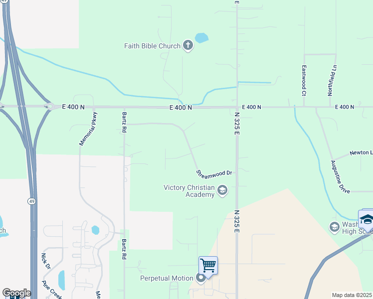 map of restaurants, bars, coffee shops, grocery stores, and more near 300 Streamwood Drive in Valparaiso