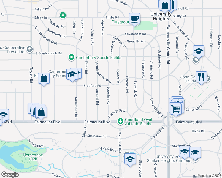 map of restaurants, bars, coffee shops, grocery stores, and more near 2553 Edgerton Road in University Heights
