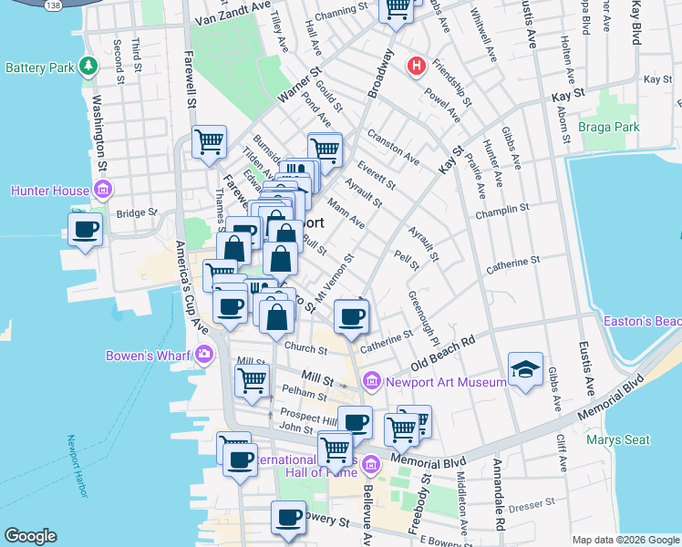 map of restaurants, bars, coffee shops, grocery stores, and more near 20 Mount Vernon Street in Newport