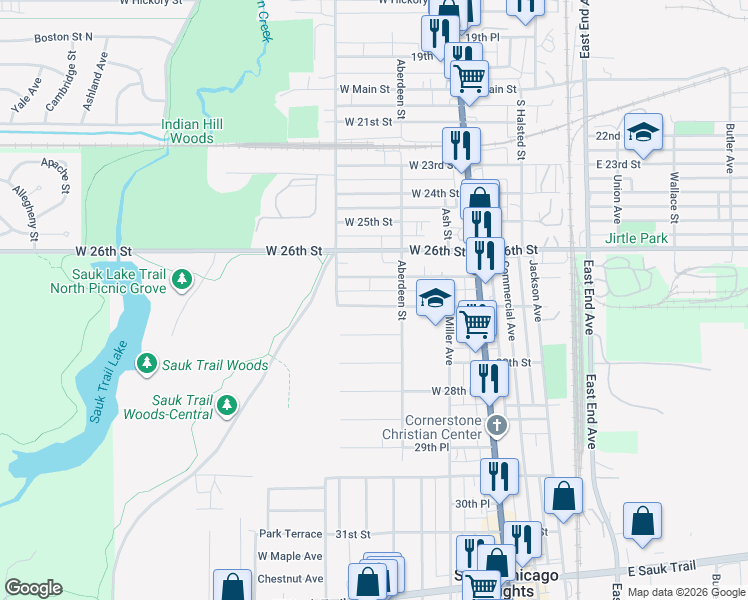 map of restaurants, bars, coffee shops, grocery stores, and more near 157 West 27th Street in South Chicago Heights