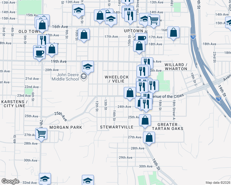 map of restaurants, bars, coffee shops, grocery stores, and more near 2129 14th Street in Moline