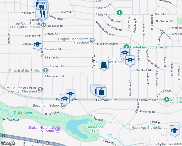 map of restaurants, bars, coffee shops, grocery stores, and more near 2556 S Taylor Rd in Cleveland Heights