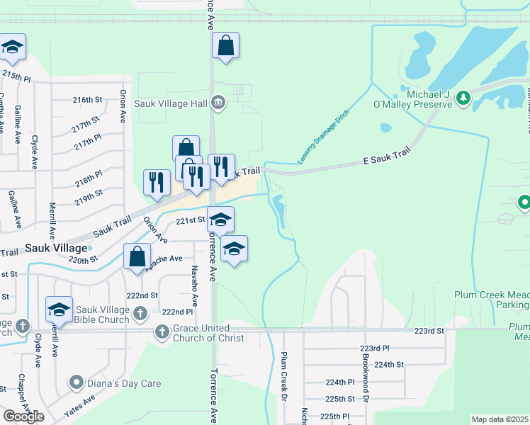 map of restaurants, bars, coffee shops, grocery stores, and more near 2628 Marigold Drive in Sauk Village