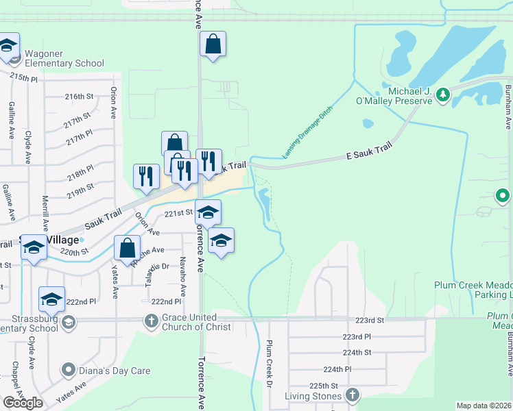 map of restaurants, bars, coffee shops, grocery stores, and more near 2623 Marigold Drive in Chicago Heights
