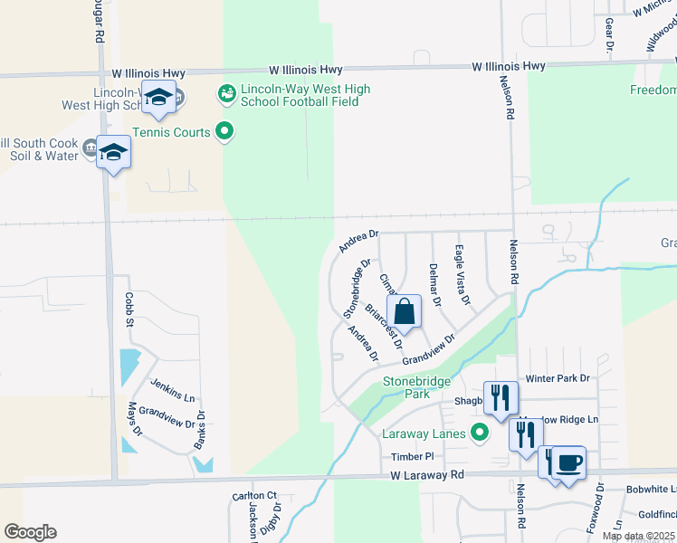 map of restaurants, bars, coffee shops, grocery stores, and more near 1428 Andrea Drive in New Lenox