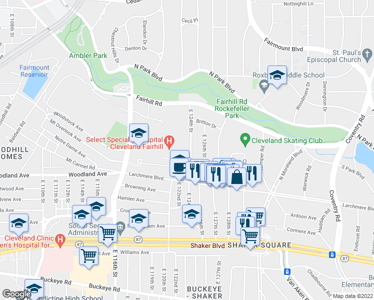 map of restaurants, bars, coffee shops, grocery stores, and more near 2512 East 124th Street in Cleveland