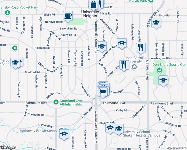 map of restaurants, bars, coffee shops, grocery stores, and more near 2556 Warrensville Center Road in Cleveland