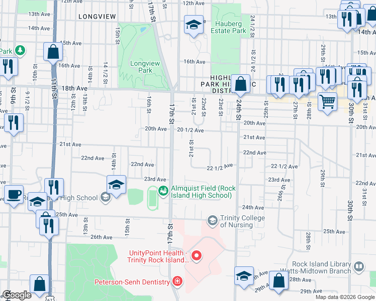 map of restaurants, bars, coffee shops, grocery stores, and more near 2100 21st Street in Rock Island